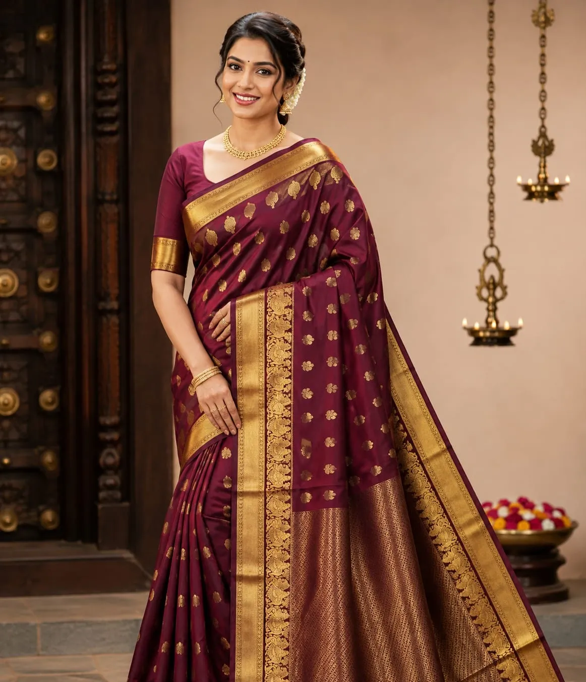 Floral Puttas Double Side Pallakku Border Saree